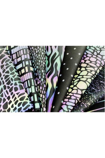 DG-CW  Multicolor Printed Reflective Stretch Fabric  Yoga Clothing  Iridescent Reflective Fabric  Silver Print Reflective Fabric  Size: Width 1.45m  Thickness: 0.45mm  Material: 100% Polyester / Polyester-Cotton / Polyester-Spandex  Reflectivity: 330-420  detail view-3